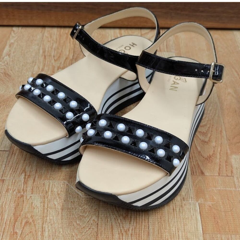 HOGAN womens platform sandals size EU 37.5 US 7 white and black ankle strap